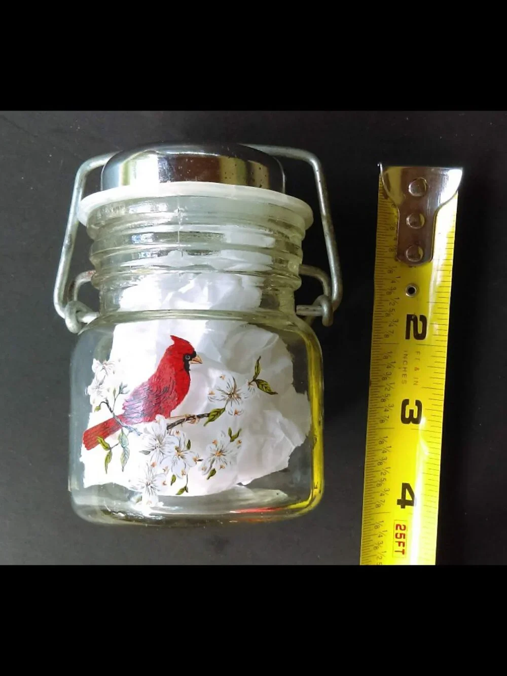 Mini Wire Bale-Top Jar Shaker Metal Top with Painted Cardinal West Virginia